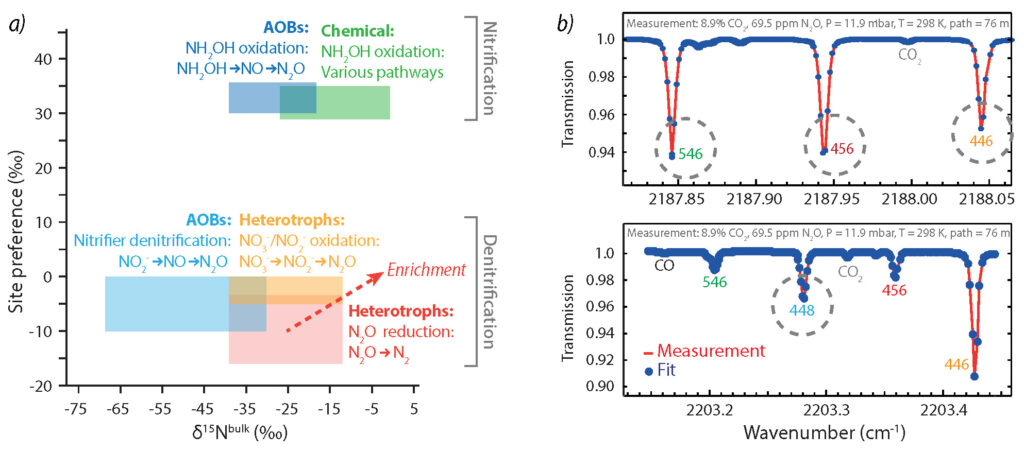The left panel shows the N2O isotopic composition can be used to distinguish between N2O produced by nitrifiers and denitrifiers. The right panel shows the specific laser absorption lines for different N2O isotopocules.