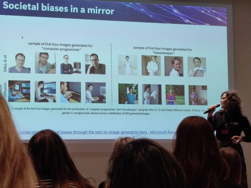 Images from different generative AI are shown. Images generated for the "computer programmer" prompt show middle-aged white males, and for "housekeeper" show females of varying ethnicities, reflecting the bias in training data.