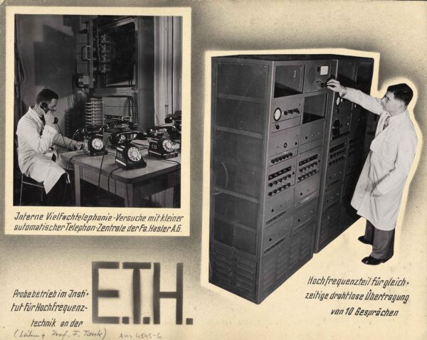 Photo collage, caption: Multiple telephony tests with a small automatic telephone exchange