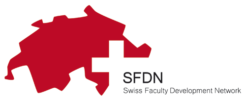 SFDN Logo. A red sillouette of Switzerland with a white cross where the words SFDN Swiss Faculty Development Network appear. 