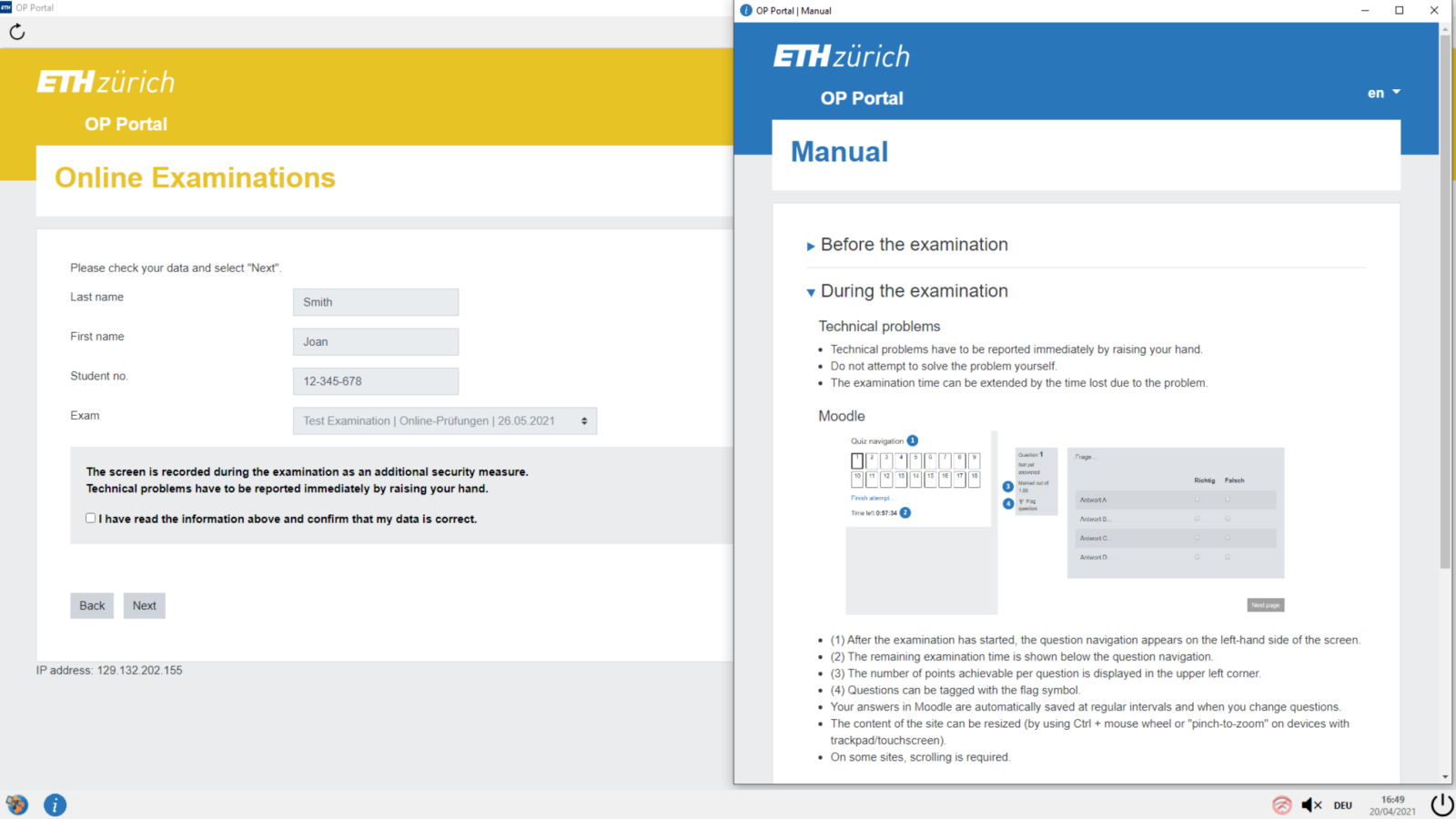 Figure of the revised portal page used in online examination with Moodle at ETH Zurich. 