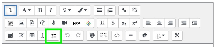 Moodle editor. The "show more buttons" and "embed questions" buttons are highlighted. 